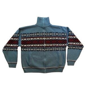 Vintage John Blair Nordic Fair Isle Zip Sweater Jacket Blue Red Geometric XLG